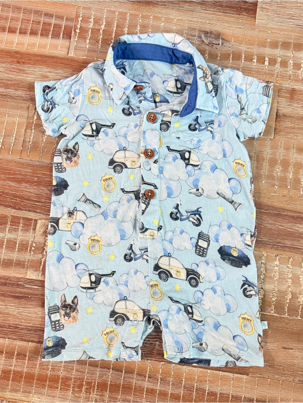 Posh peanut police bamboo short sleeve collared button front romper 12-18m